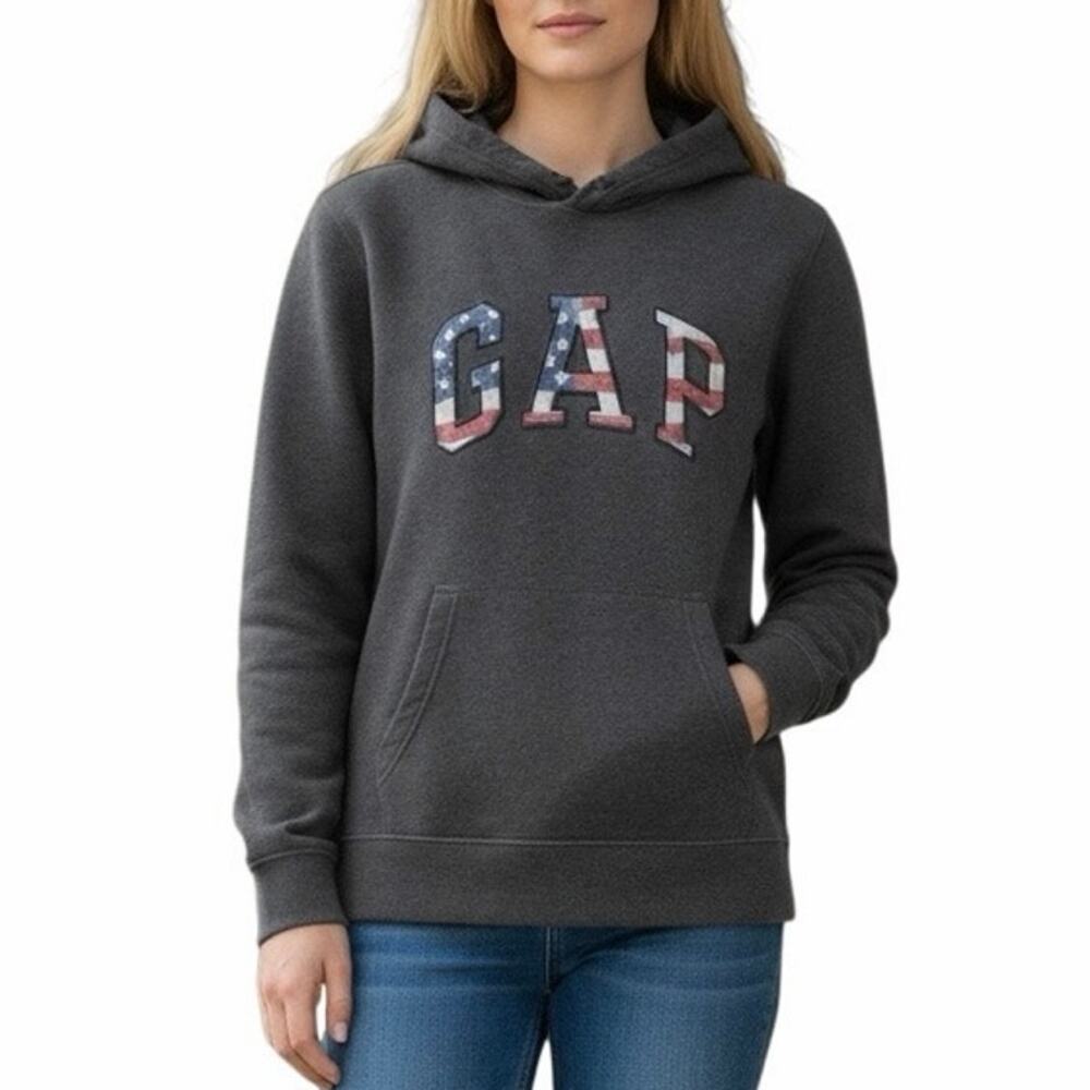 Vintage GAP American Flag Hoodie Gray Red White Patriotic Small - Picture 2 of 11